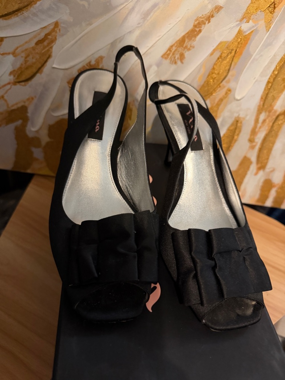 Nina Black Peep-Toe Slingback Heels with Layered Bow